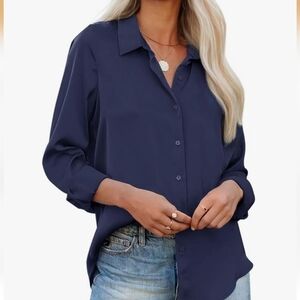 Classic Navy Button-Down Blouse - Women Tops